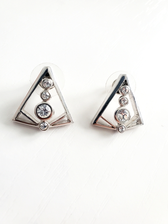 Fifth Avenue Jewelry - Silver Triangle Crystal Stud Earrings - Geometric Sparkle